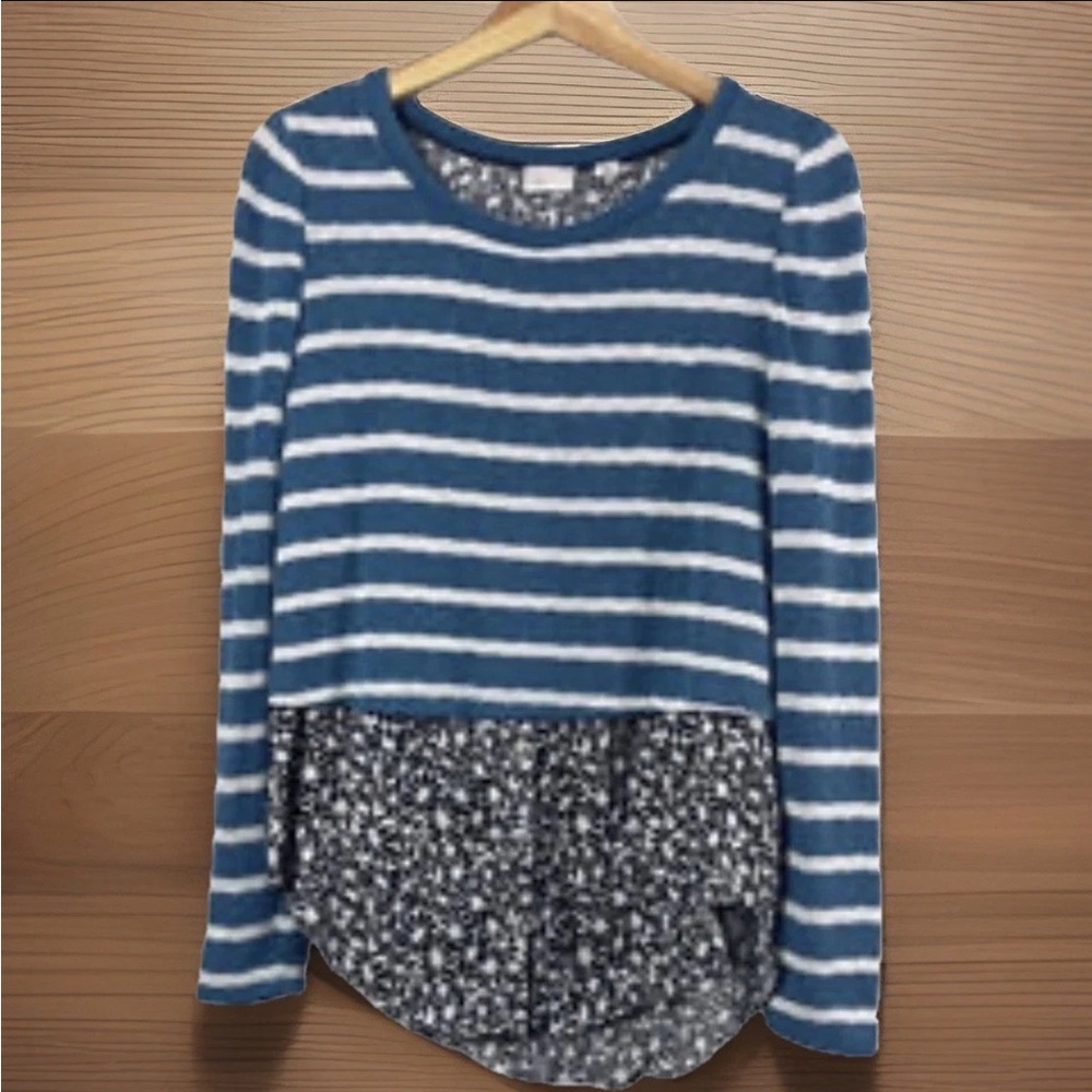 POSTMARK ANTHROPOLOGIE Sweater Medium Teal Stripe Floral Layer Twofer Split Back